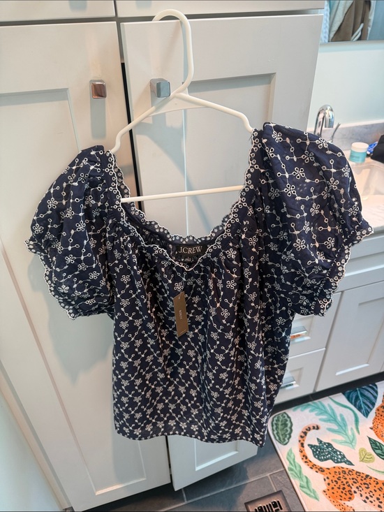 J. Crew Tops - J. Crew Navy White Floral Puff Sleeve Blouse